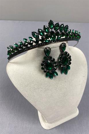 Green Leyn Bridal Henna Crown and Almond Shuttle Stone Earring Set