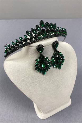Green Leyn Bridal Henna Crown and Drop Shuttle Earring Set