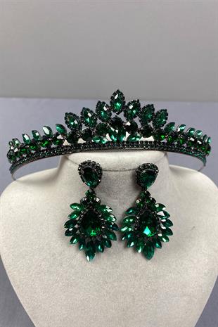 Green Leyn Bridal Henna Crown and Drop Shuttle Earring Set