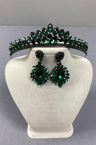 Green Leyn Bridal Henna Crown and Drop Shuttle Earring Set