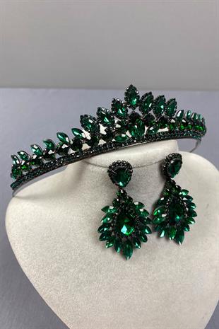 Green Leyn Bridal Henna Crown and Drop Shuttle Earring Set