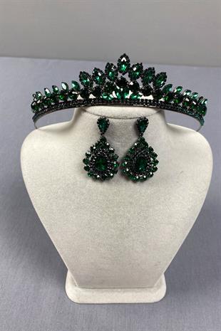 Green Leyn Bridal Henna Crown and Drop Stone Earring Set