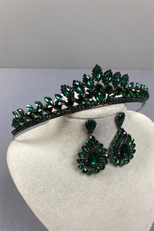 Green Leyn Bridal Henna Crown and Drop Stone Earring Set