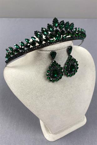 Green Leyn Bridal Henna Crown and Drop Stone Earring Set