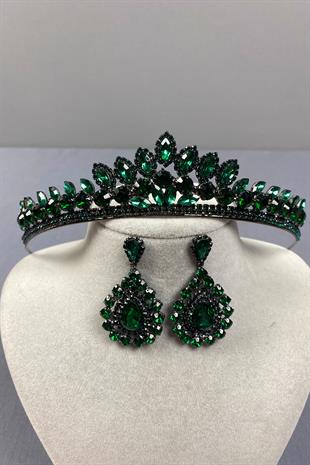 Green Leyn Bridal Henna Crown and Drop Stone Earring Set
