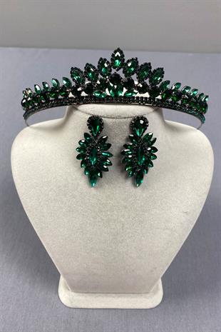 Green Leyn Bridal Henna Crown and Thin Shuttle Stone Earrings