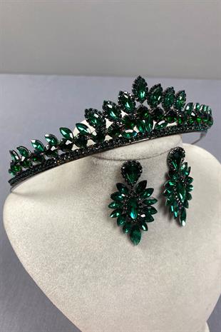 Green Leyn Bridal Henna Crown and Thin Shuttle Stone Earrings