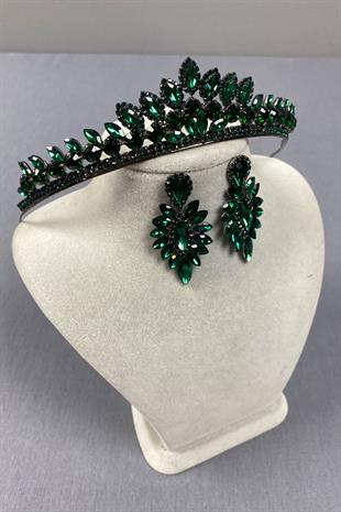 Green Leyn Bridal Henna Crown and Thin Shuttle Stone Earrings