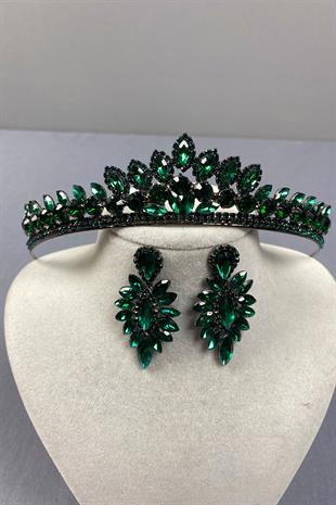 Green Leyn Bridal Henna Crown and Thin Shuttle Stone Earrings