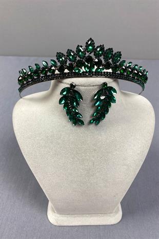 Green Leyn Bridal Henna Crown and Leaf Stone Earring Set