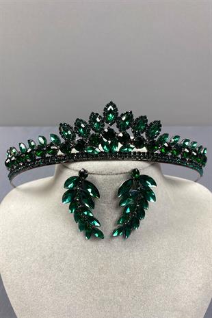 Green Leyn Bridal Henna Crown and Leaf Stone Earring Set