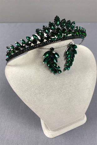 Green Leyn Bridal Henna Crown and Leaf Stone Earring Set