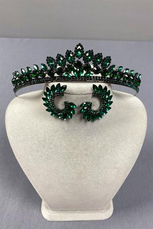 Green Leyn Bridal Henna Crown and Round Stone Earring Set