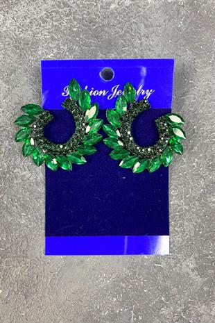 Yeşil Mekik Hera Yaprak Desen Taşlı Abiye Küpe