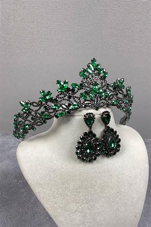 Green Melis Bridal Henna Crown And Stone Drop Earrings