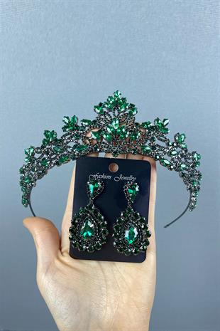 Green Melis Bridal Henna Crown And Stone Drop Earrings