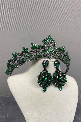 Green Melis Bridal Henna Crown And Studded Earrings