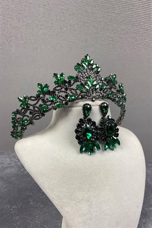 Green Melis Bridal Henna Crown And Studded Earring Set