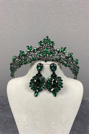 Green Melis Bridal Henna Crown And Studded Earrings