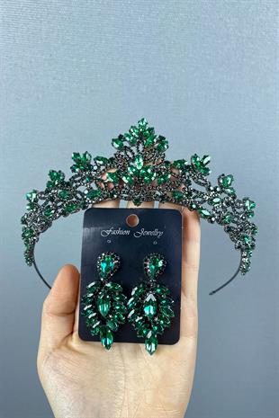 Green Melis Bridal Henna Crown And Studded Stone Earrings