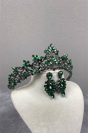 Green Melis Bridal Henna Crown And Studded Stone Earrings