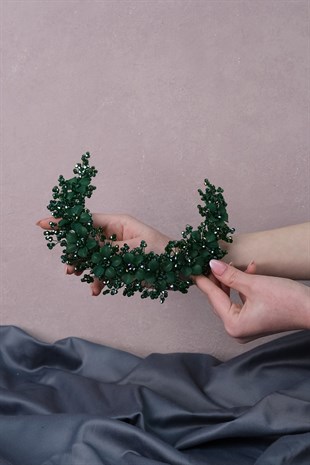 Yeşil Nida Çiçek Mineli Gelin Tacı Saç ve Türban Aksesuarı