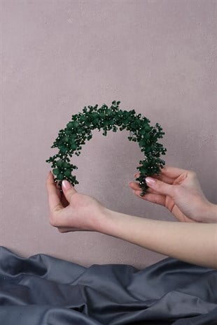 Yeşil Nida Çiçek Mineli Gelin Tacı Saç ve Türban Aksesuarı