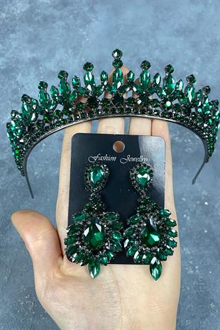 Green Pedro Stone Bridal Henna Tiara and Evening Dress Earrings Set