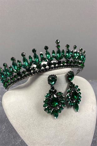 Green Pedro Stone Bridal Henna Tiara and Evening Dress Earrings Set