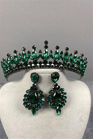 Green Pedro Stone Bridal Henna Tiara and Evening Dress Earrings Set