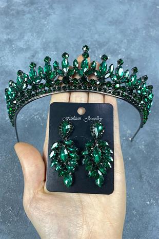 Green Pedro Stone Bridal Henna Crown And Earring Set
