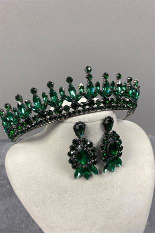 Yeşil Pedro Taşlı Gelin Kına Tacı Ve Küpe Seti