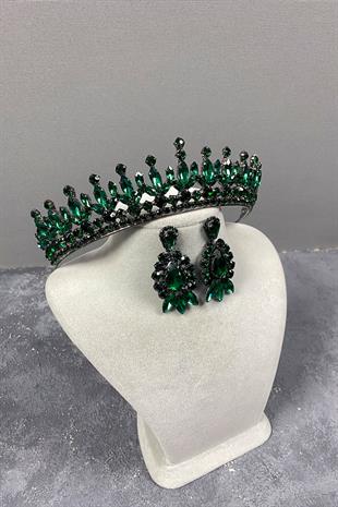 Yeşil Pedro Taşlı Gelin Kına Tacı Ve Küpe Seti