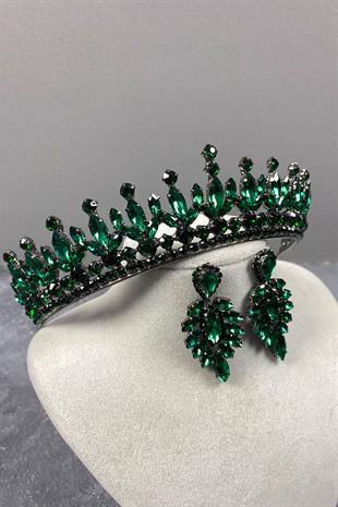 Green Pedro Stone Bridal Henna Crown And Earring Set