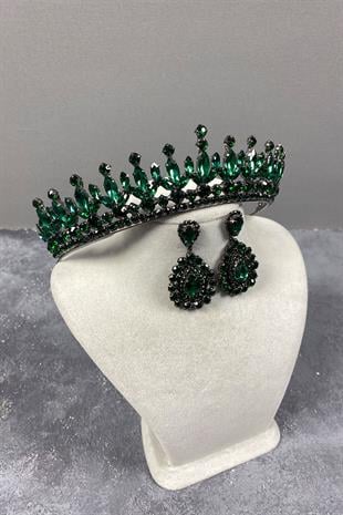 Green Pedro Stone Bridal Henna Tiara and Stud Earrings Set