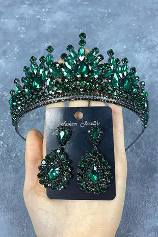 Green Pera Bridal Henna Crown And Drop Earrings