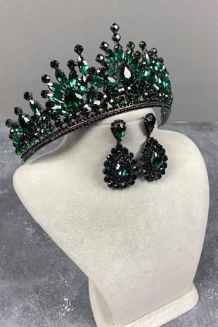 Green Pera Bridal Henna Crown And Drop Earrings