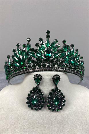 Green Pera Bridal Henna Crown And Drop Earrings