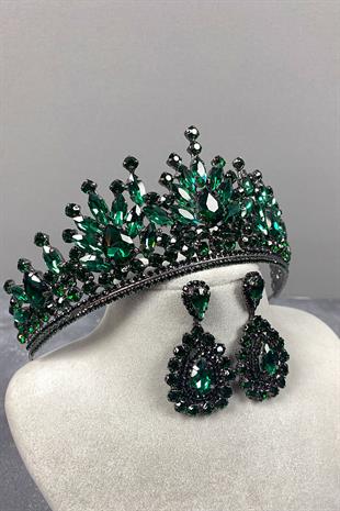 Green Pera Bridal Henna Crown And Drop Earrings