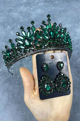 Green Pera Bridal Henna Crown And Drop Earrings