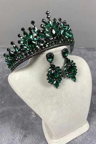 Green Pera Bridal Henna Tiara and Stud Earring Set