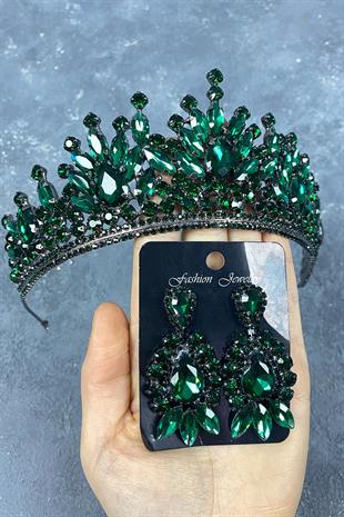 Yeşil Pera Gelin Kına Tacı Ve Mekik Taşlı Küpe