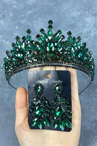 Yeşil Pera Gelin Kına Tacı Ve Mekik Taşlı Küpe