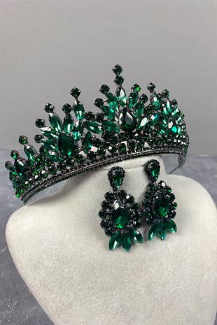 Yeşil Pera Gelin Kına Tacı Ve Mekik Taşlı Küpe