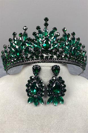 Yeşil Pera Gelin Kına Tacı Ve Mekik Taşlı Küpe