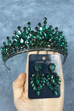 Green Pera Bridal Henna Crown And Stud Earrings