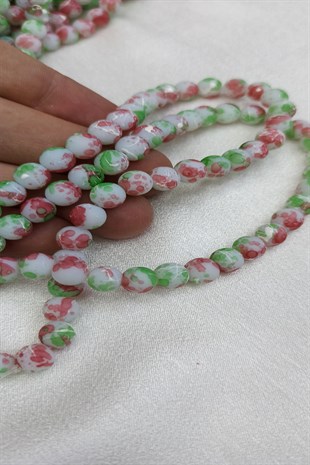 Yeşil Renkli Desenli Dizi Cam Boncuk 8 mm