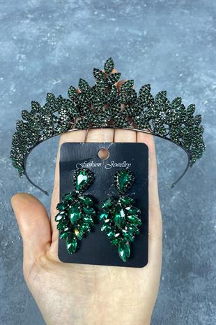 Green Sara Dense Stone Bridal Henna Tiara and Stud Earrings Set