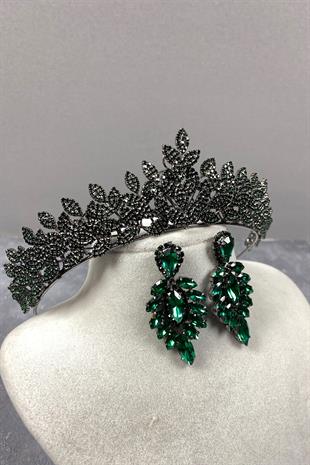 Green Sara Dense Stone Bridal Henna Tiara and Stud Earrings Set