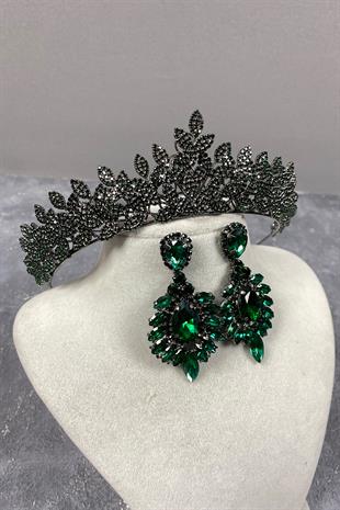 Green Sara Dense Stone Bridal Henna Tiara and Earring Set